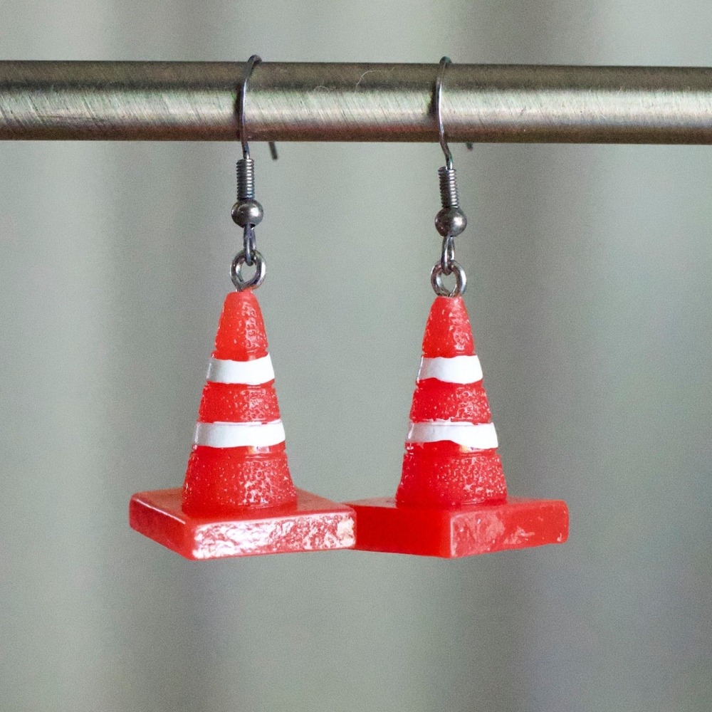 Handmade Traffic Coneโ Dangle Earrings Orange White Resin Kitschy Funky Jewelry